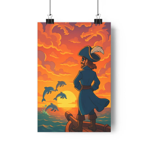 Poster marin nuages dragons dauphins bateau océan bleu rouge mystique fantastique salon chambre vibrant original