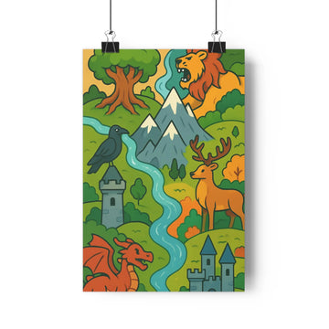 Poster fantastique aventures mystiques rivière montagne arbres lion cerf dragon tours châteaux corbeau couleur verte bleue jaune rouge style cartoon