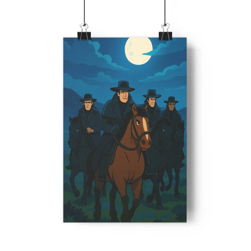 Poster nocturne cavaliers sombres lune bleue nuages mystère voyage minimaliste ombres subtiles ambiance dramatique verte salon bureau