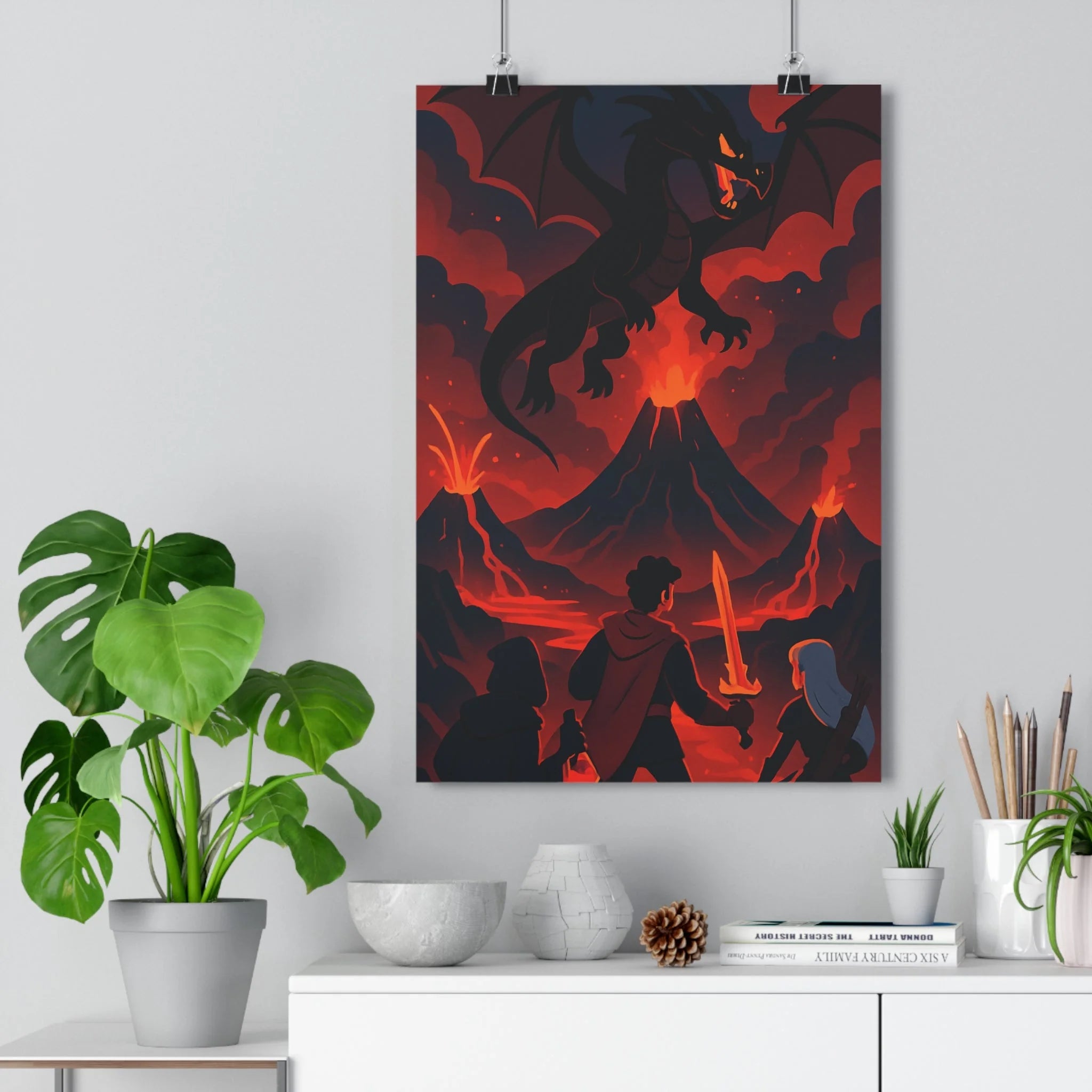 Poster décoratif aventure dragon volcan personnage courageux anime dramatique rouge noir intense salon bureau