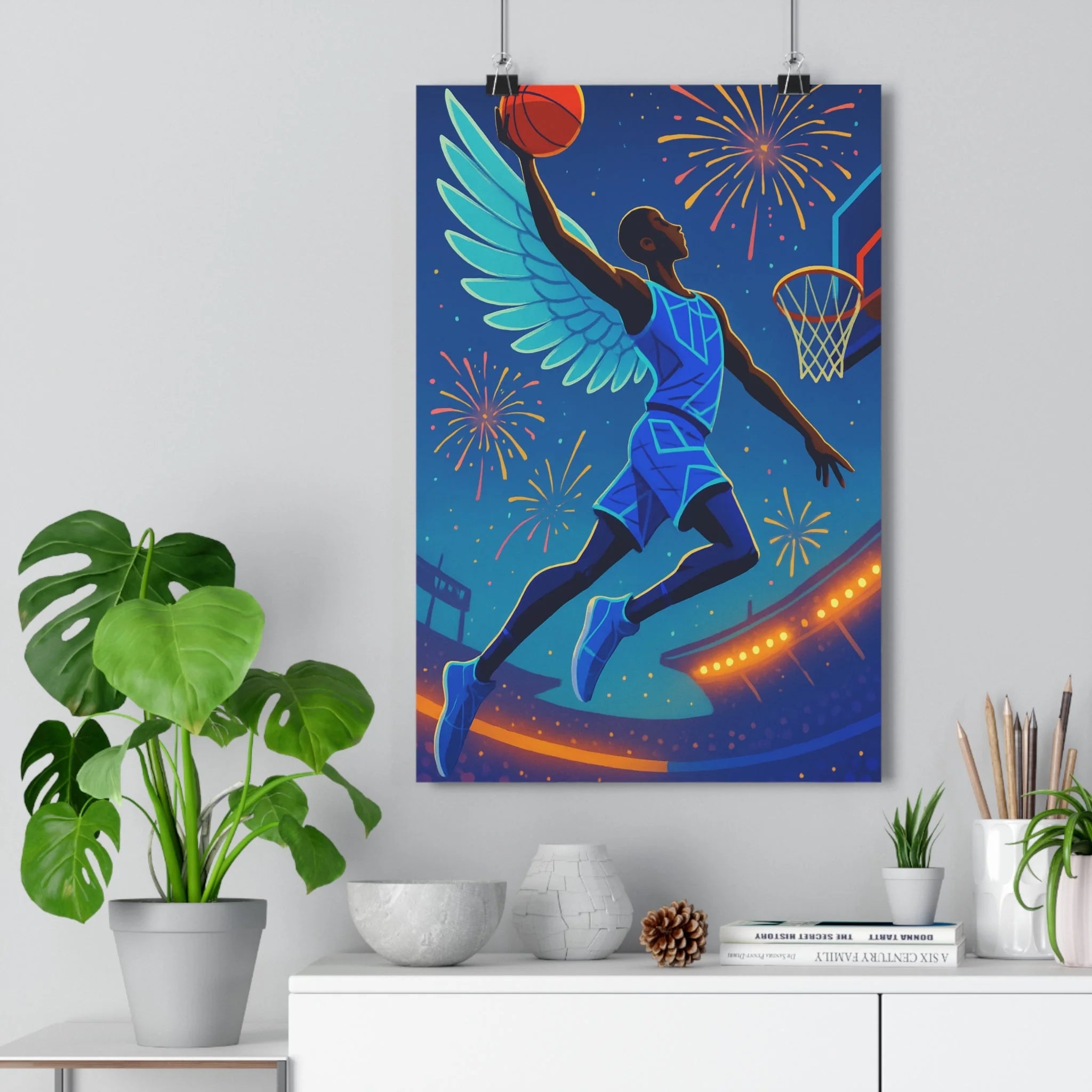 Poster décoratif basketball anime surréalisme bleu orange jaune dynamique festif chambre salon bureau moderne