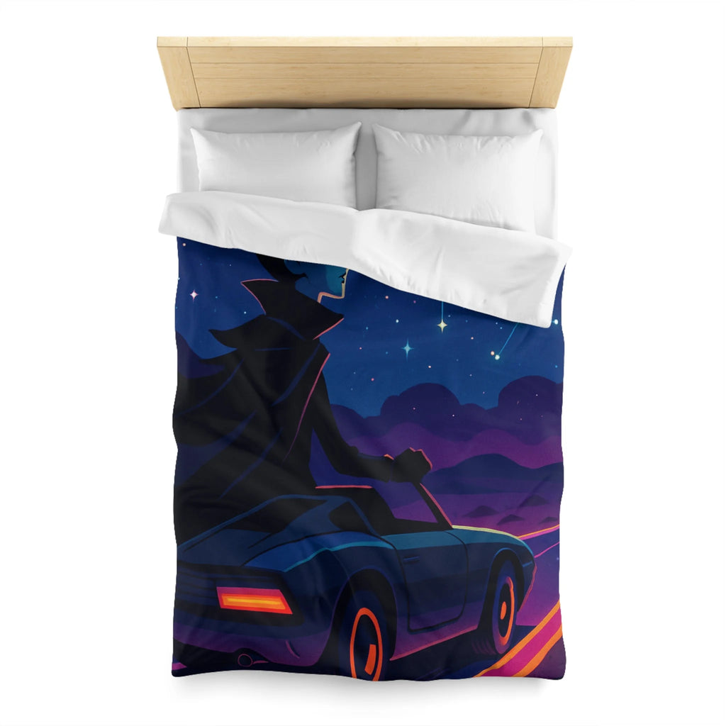 Housse de couette rétro avec constellations et voiture sous ciel étoilé et planète