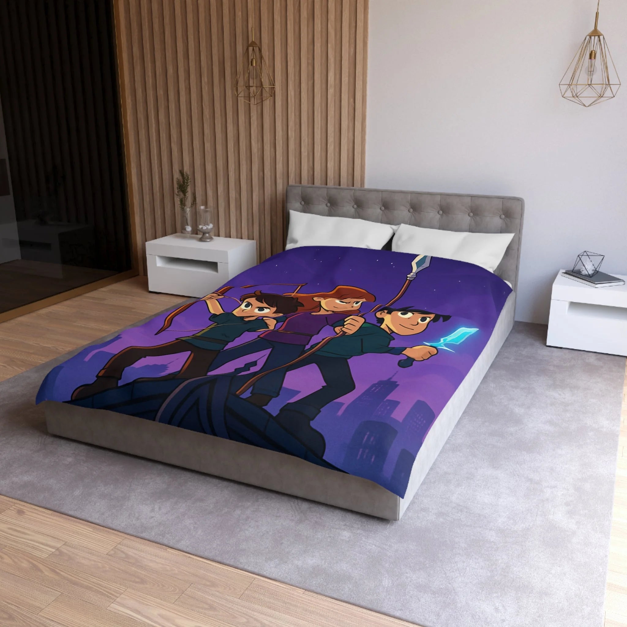 Housse de couette urbaine illustrée, ambiance aventure mystique avec enfants et armes