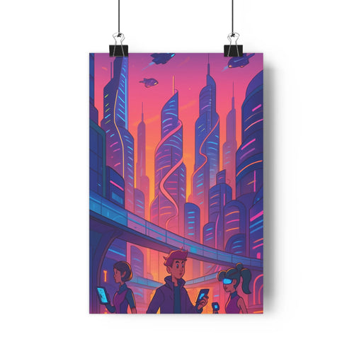 Poster futuriste ville violet orange personnages contemporains gratte-ciels ponts suspendus véhicules volants nuages sombres ambiance mystérieuse design minimaliste chambre salon