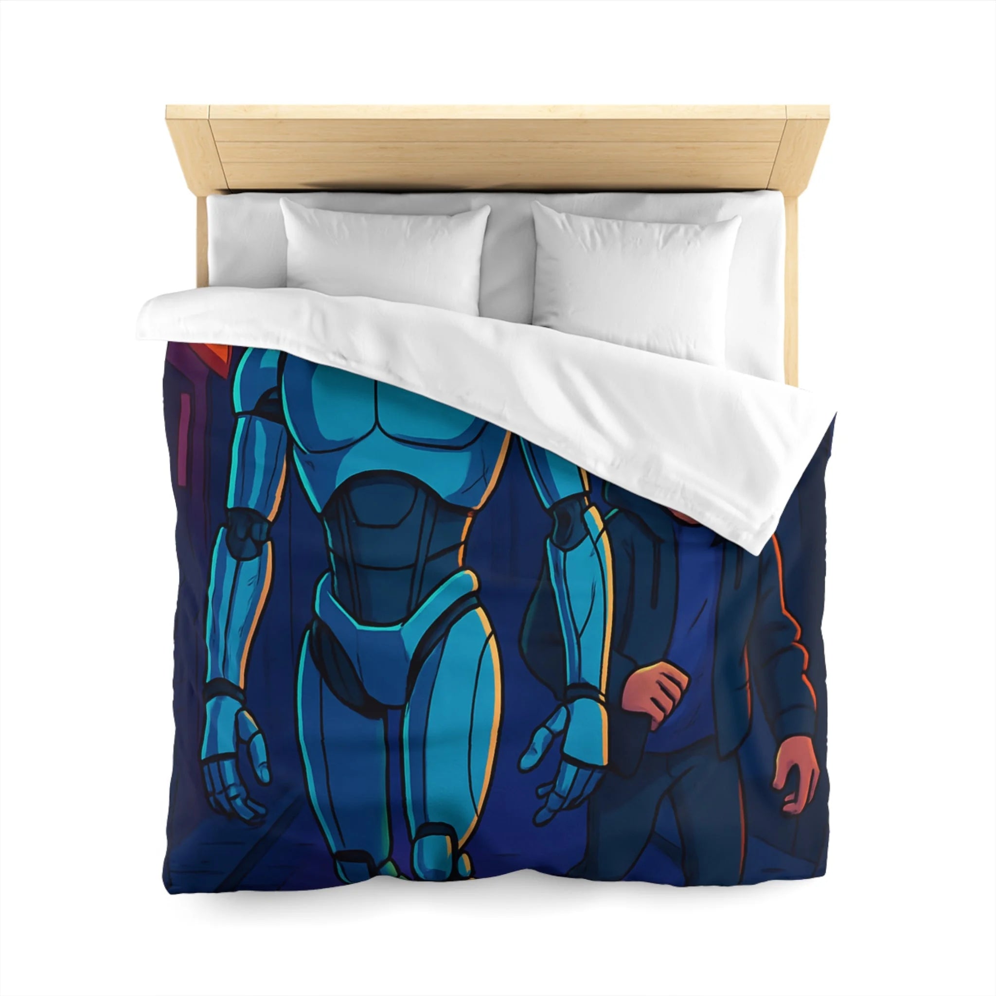 Housse de couette moderne avec illustration néon de robot et jeune avec lunettes lumineuses