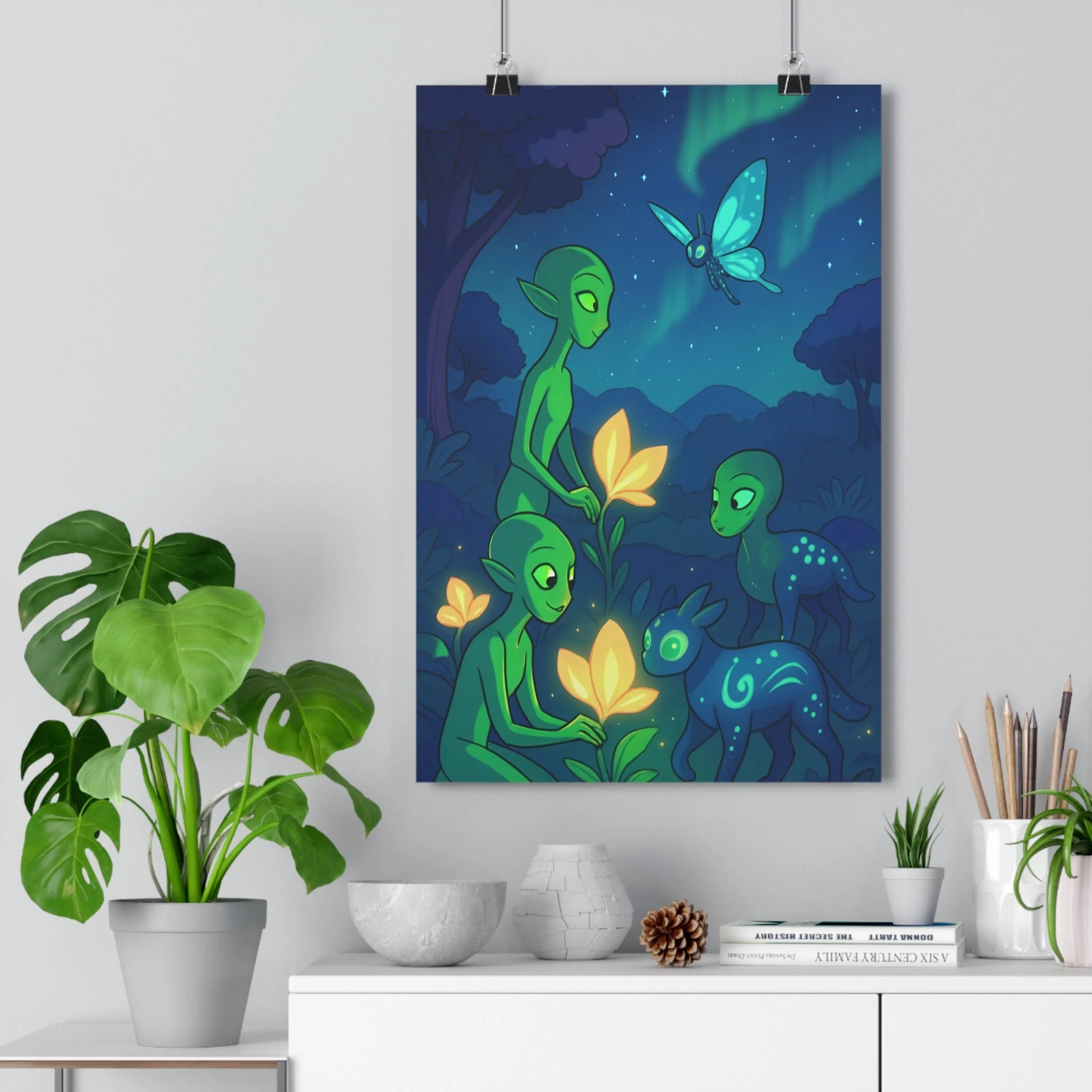 Poster décoratif fantastique scène nocturne vert bleu anime féerique forêt magique ambiance chambre 30x46