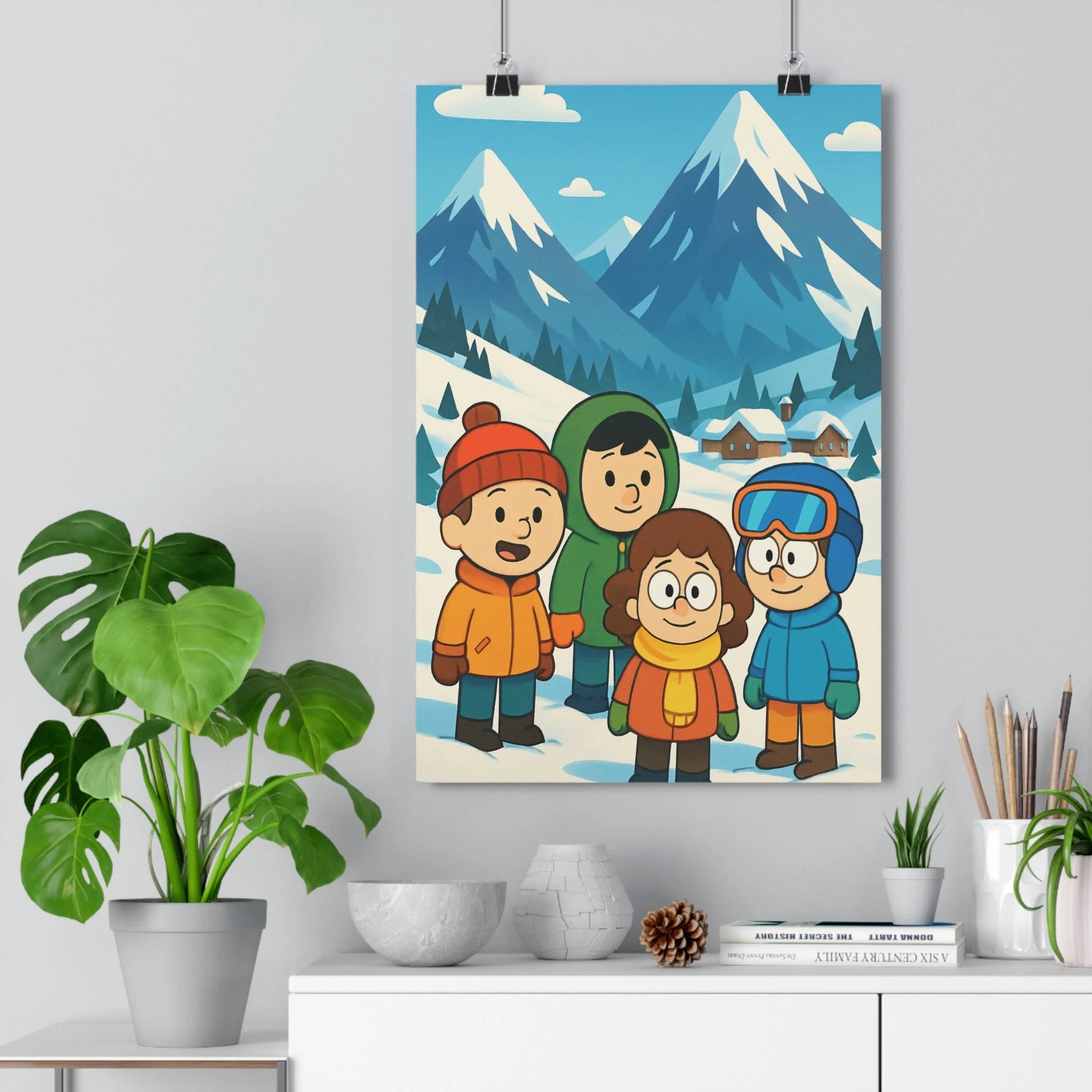 Poster décoratif cartoon joyeux enfants hiver montagne alpine chambre salon coloré amusant paysage qualité