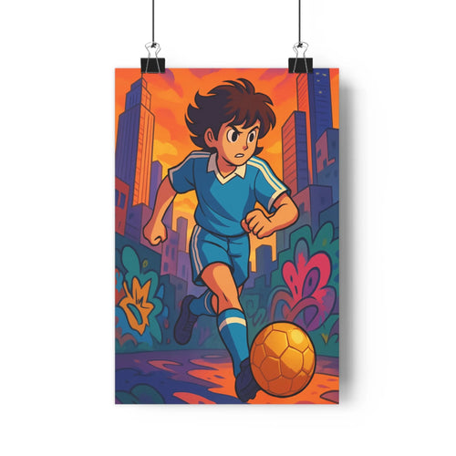 Poster décoratif footballeur urbain rétrofuturiste bleu orange dynamique chambre style cartoon joyeux vibrant qualité