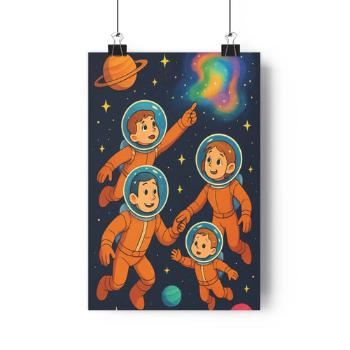Poster astronautes espace planète annelée nuage arc-en-ciel combinaisons orange casques bleus étoiles joyeux cartoon chambre bureau atelier