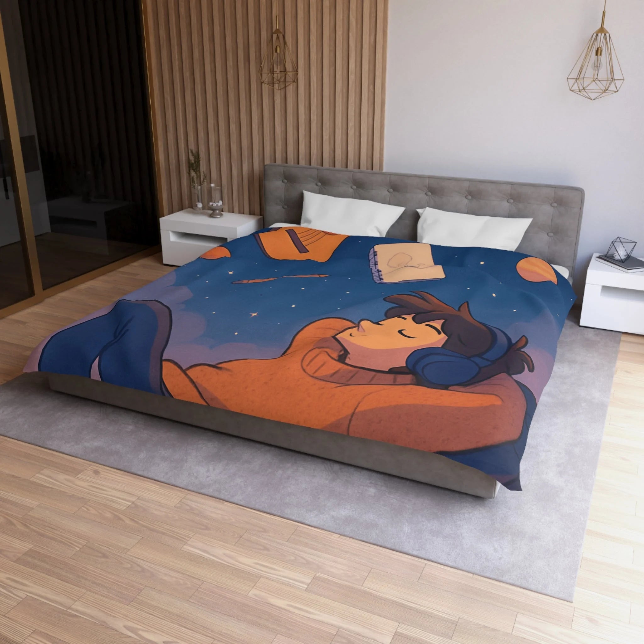 Housse de couette rêve étoilé avec guitare, planètes et rêverie d'artiste