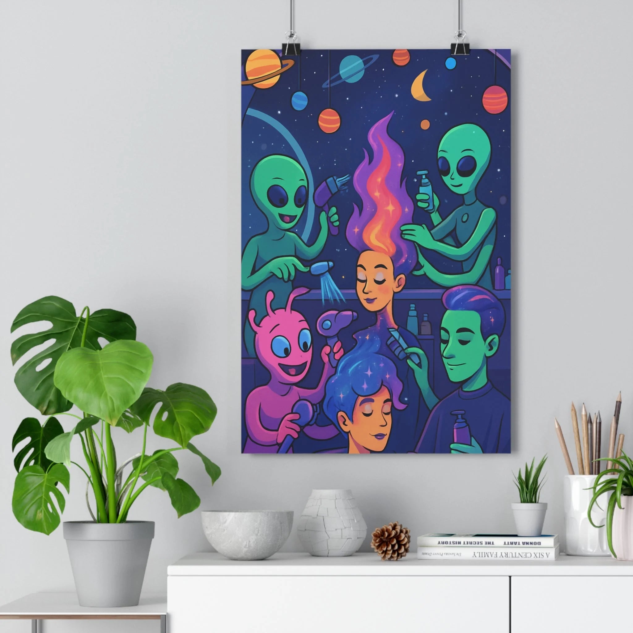 Poster décoratif cartoon extraterrestre vert rose bleu espace salon fantaisie joyeux chambre amusant qualité