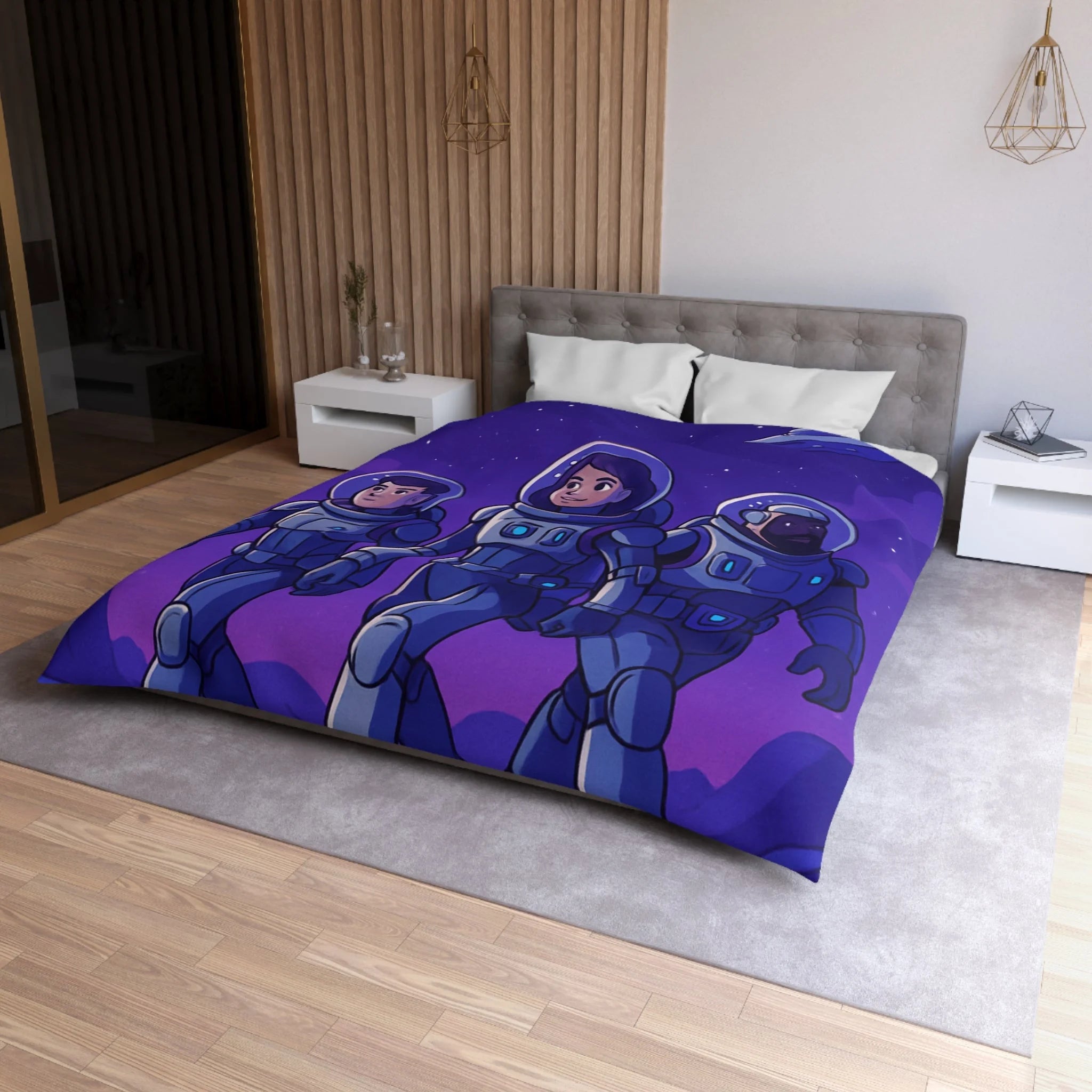 Housse de Couette Spatiale avec Astronautes, Vaisseaux et Étoiles sur Fond Violet