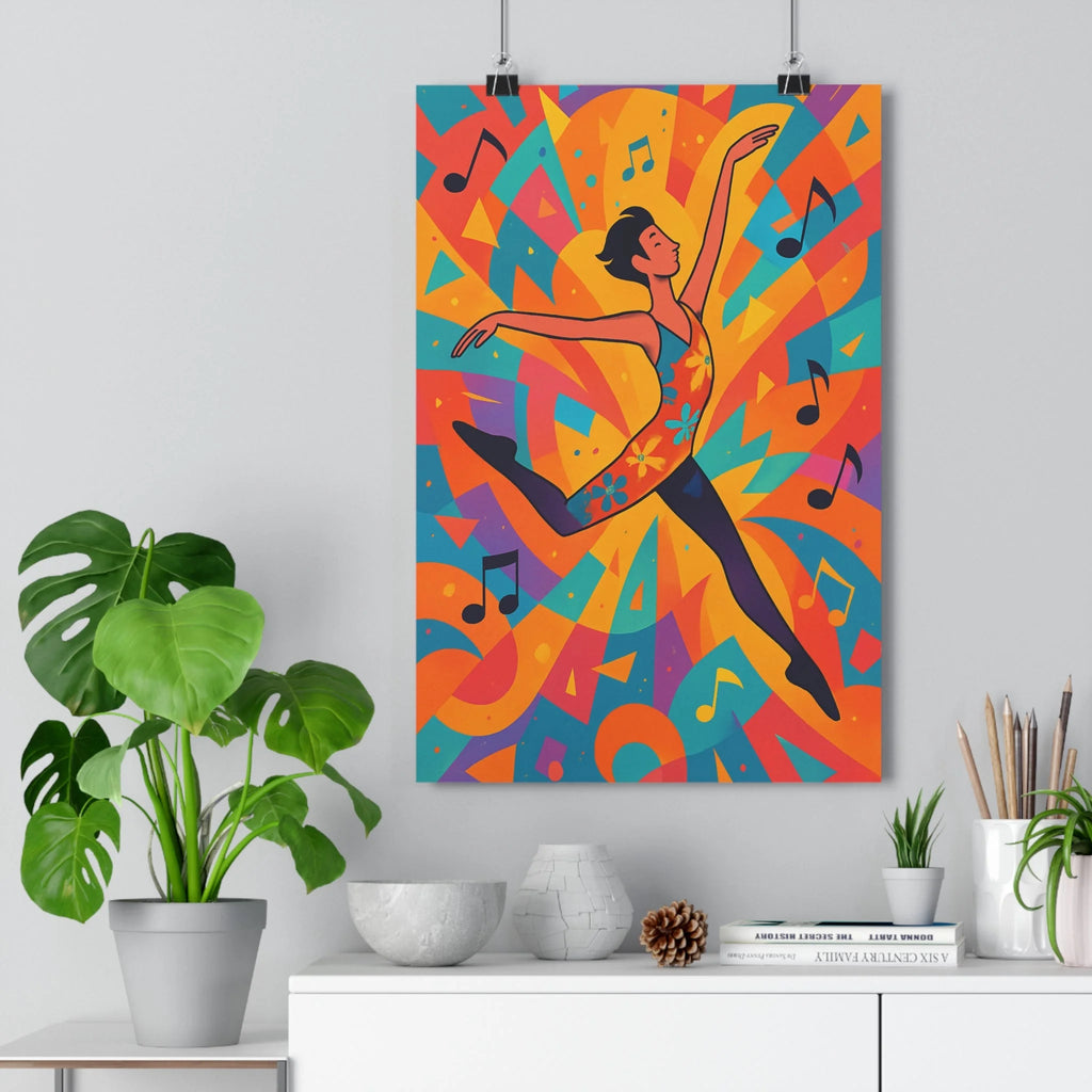 Poster danseuse mouvement notes musicales motifs floraux costumes orange géométries colorées contrastes dynamiques style moderne joyeux vibrant chambre salon