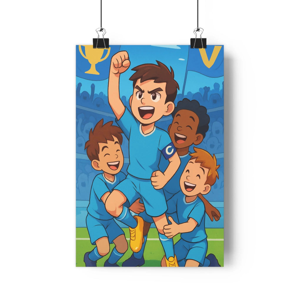 Poster décoratif vibrant football joyeux bande dessinée bleu jeunes victoire énergie chambre enfant qualité