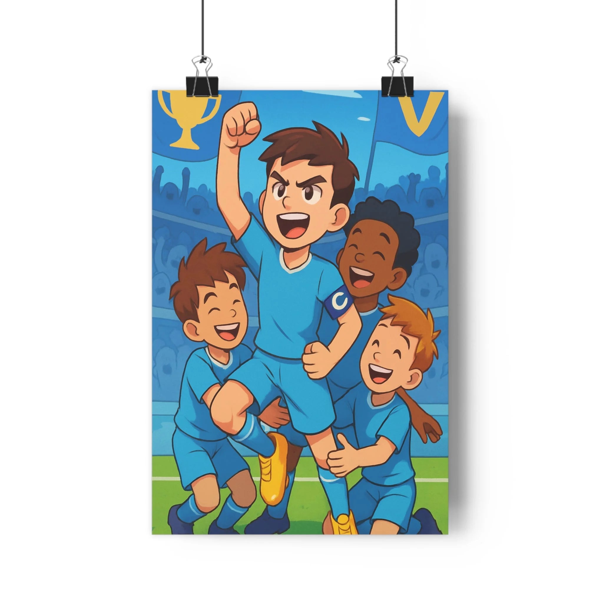Poster décoratif vibrant football joyeux bande dessinée bleu jeunes victoire énergie chambre enfant qualité
