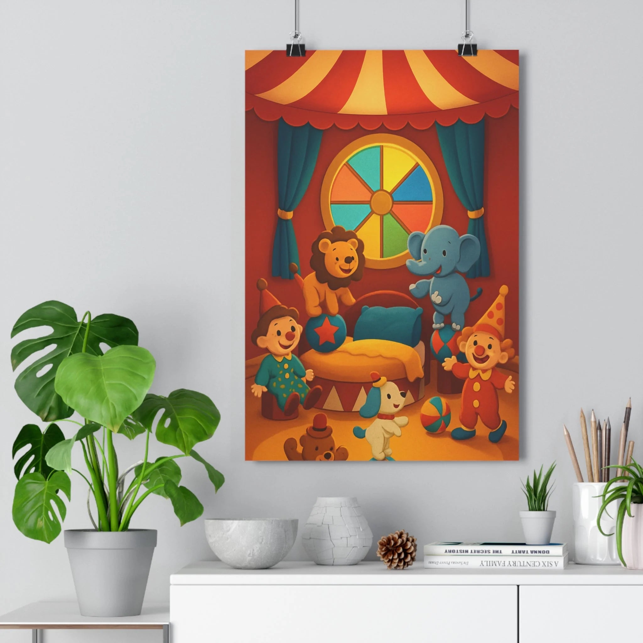 Poster décoratif cirque cartoon joyeux rouge jaune bleu enfant chambre ludique format 30x46 qualité
