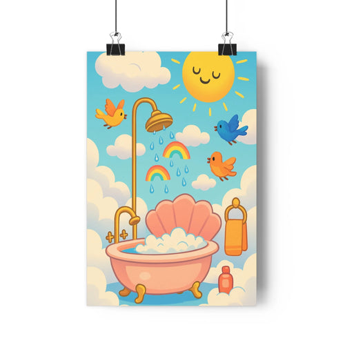 Poster bain soleil arc-en-ciel mousse douche serviette oiseaux ciel bleu nuages rose blanc doré style cartoon enfantin joyeux relaxant chambre