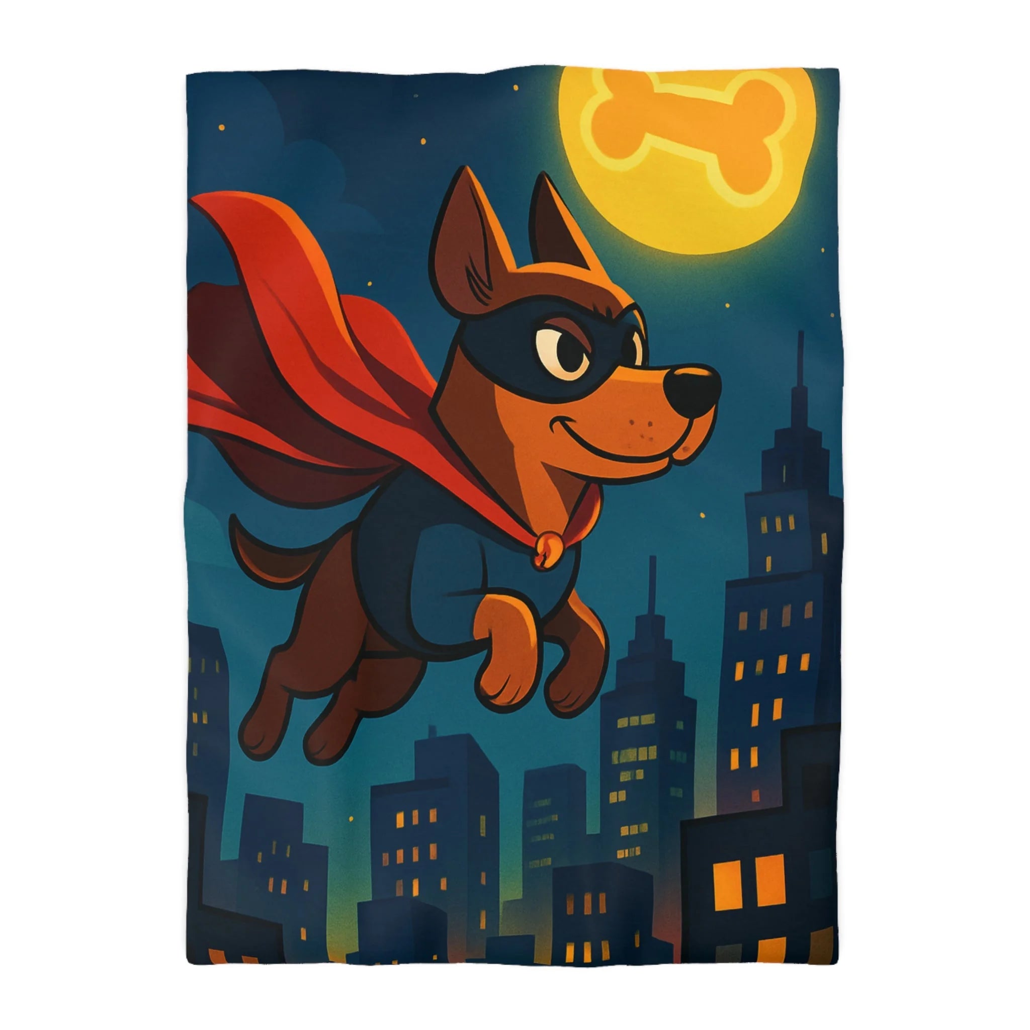 Super chien volant avec lune en forme d'os, cape rouge, horizon nocturne
