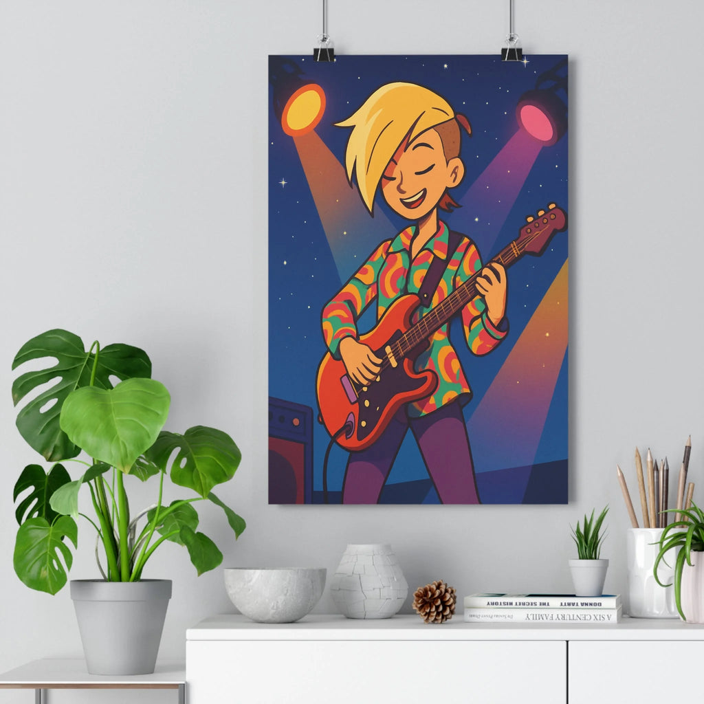 Poster décoratif musicienne blonde guitare électrique scène coloré cartoon vibrant salon chambre moderne qualité