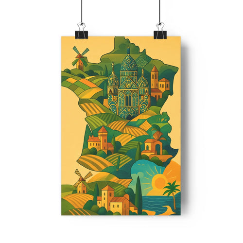 Poster français château champs moulins à vent plage palmiers couchant verts jaunes bleus moderne rétro accueillant salon bureau