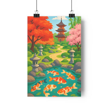 Poster paysage japonais pagode rochers plantes lanternes carpes dorées ciel bleu feuilles rouges roses contours nets couleurs vives ambiance paisible