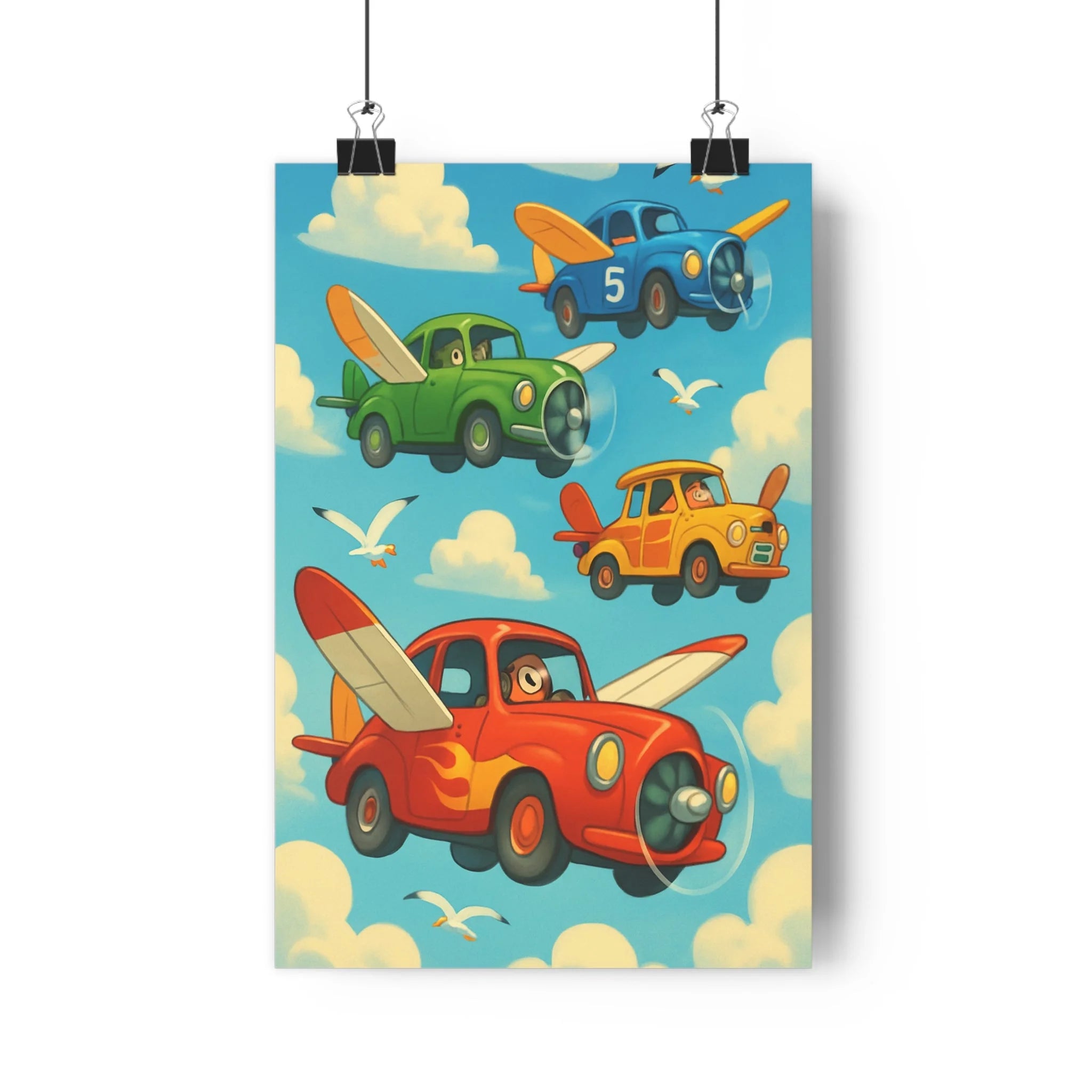 Poster décoratif rétrofuturiste voitures volantes vert bleu rouge salon chambre ludique aérien coloré qualité