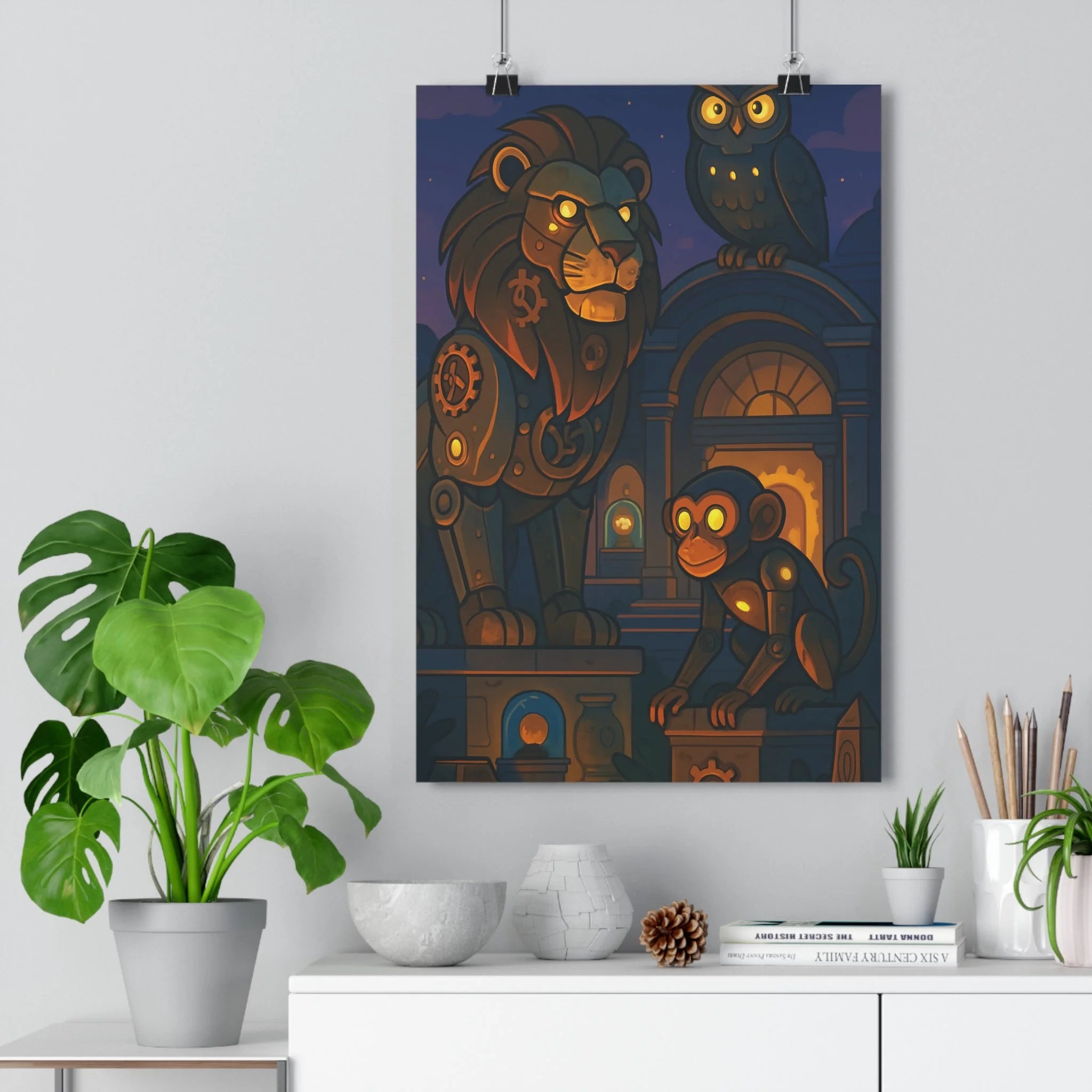 Poster décoratif cartoon lion singe hibou métalliques mystique chambre jeu enfant 30x46 lumineux qualité