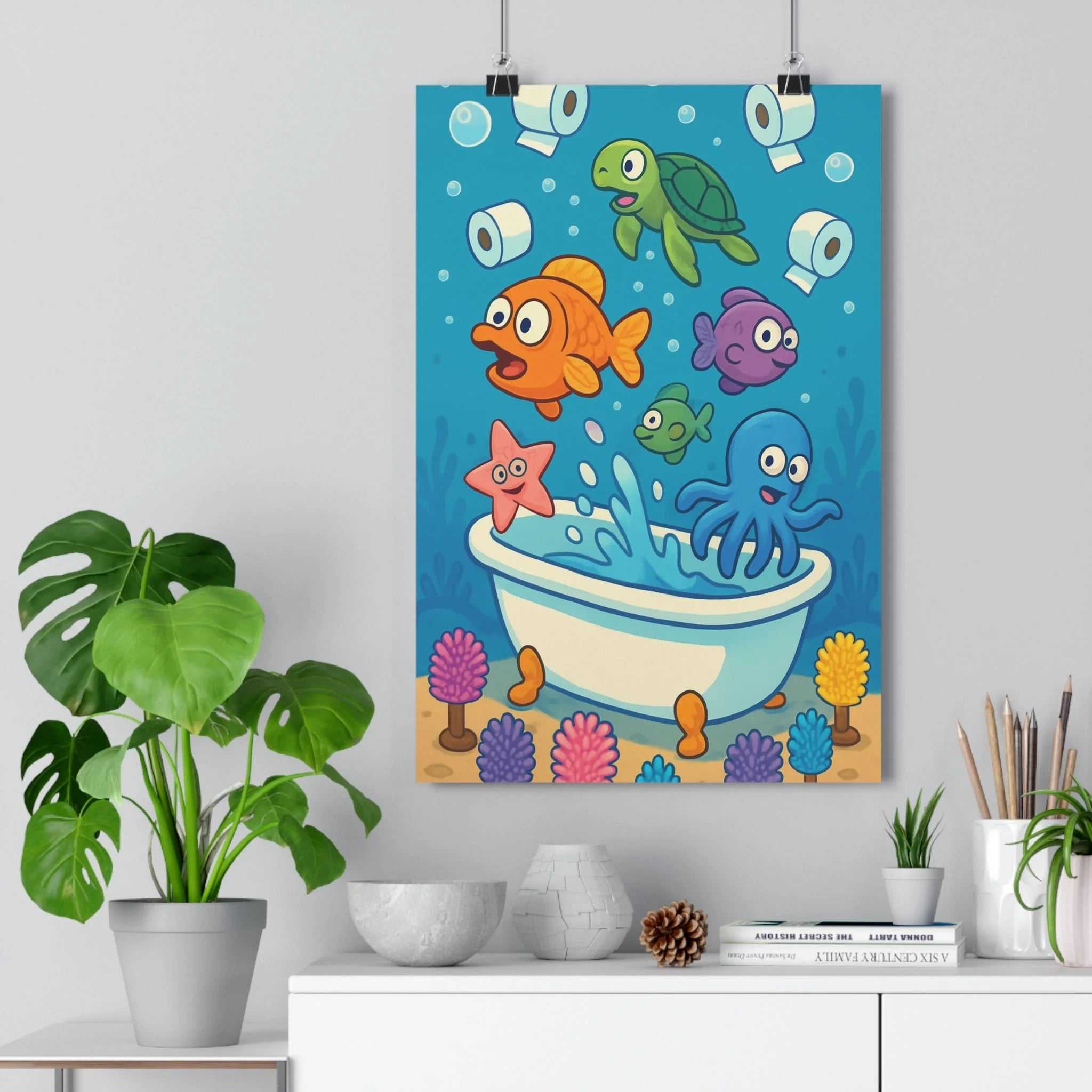 Poster décoratif marin coloré bleu orange joyeux chambre enfant fantaisie animaux original humoristique tendance