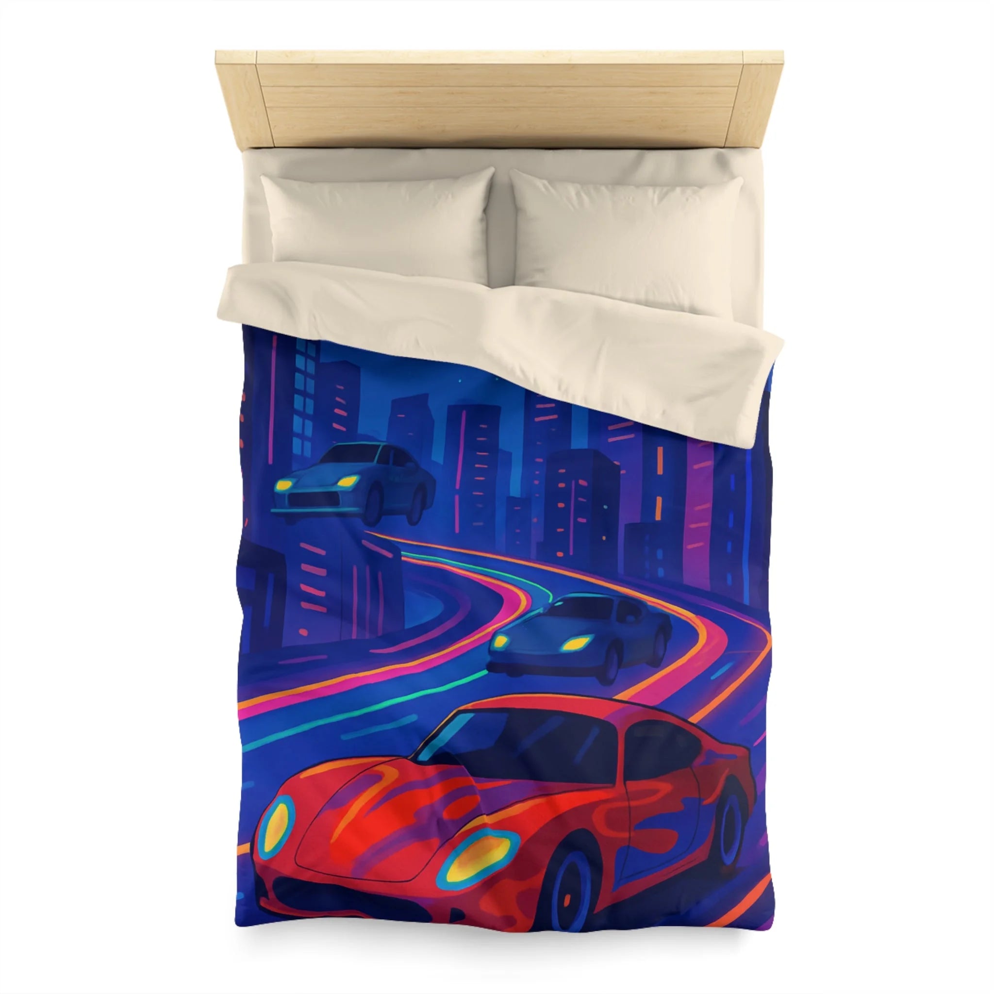 Housse de Couette Ville Futuriste avec Voiture Rouge et Lumières Néon