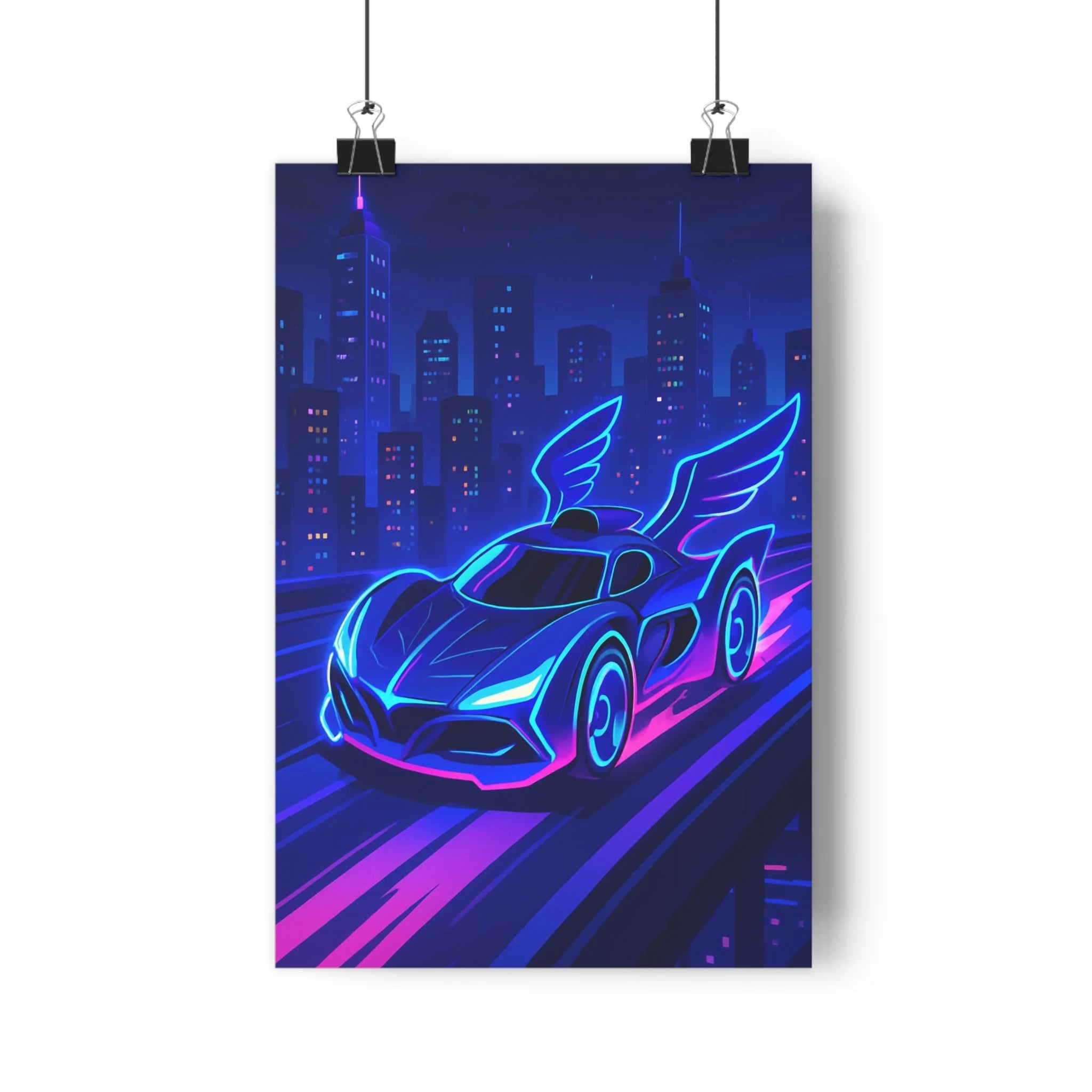 Poster décoratif voiture futuriste cyberpunk anime néons bleus roses salon moderne ambiance dynamique qualité