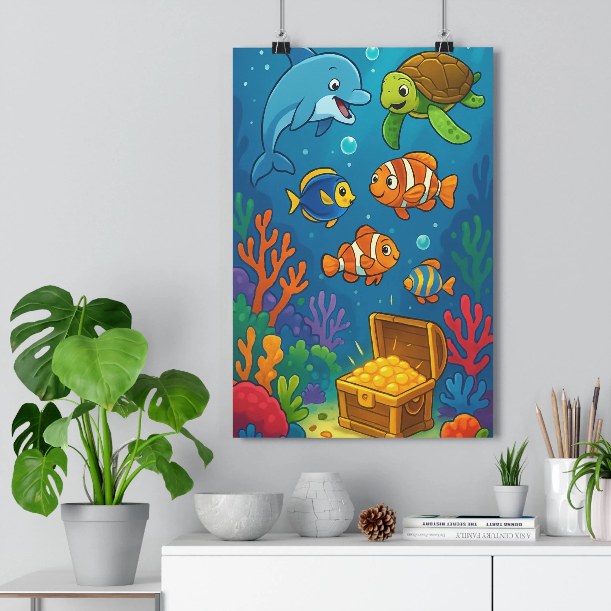 Poster décoratif océan enfants aventure cartoon bleu joyeux coloré chambre ludique tortue dauphin poisson