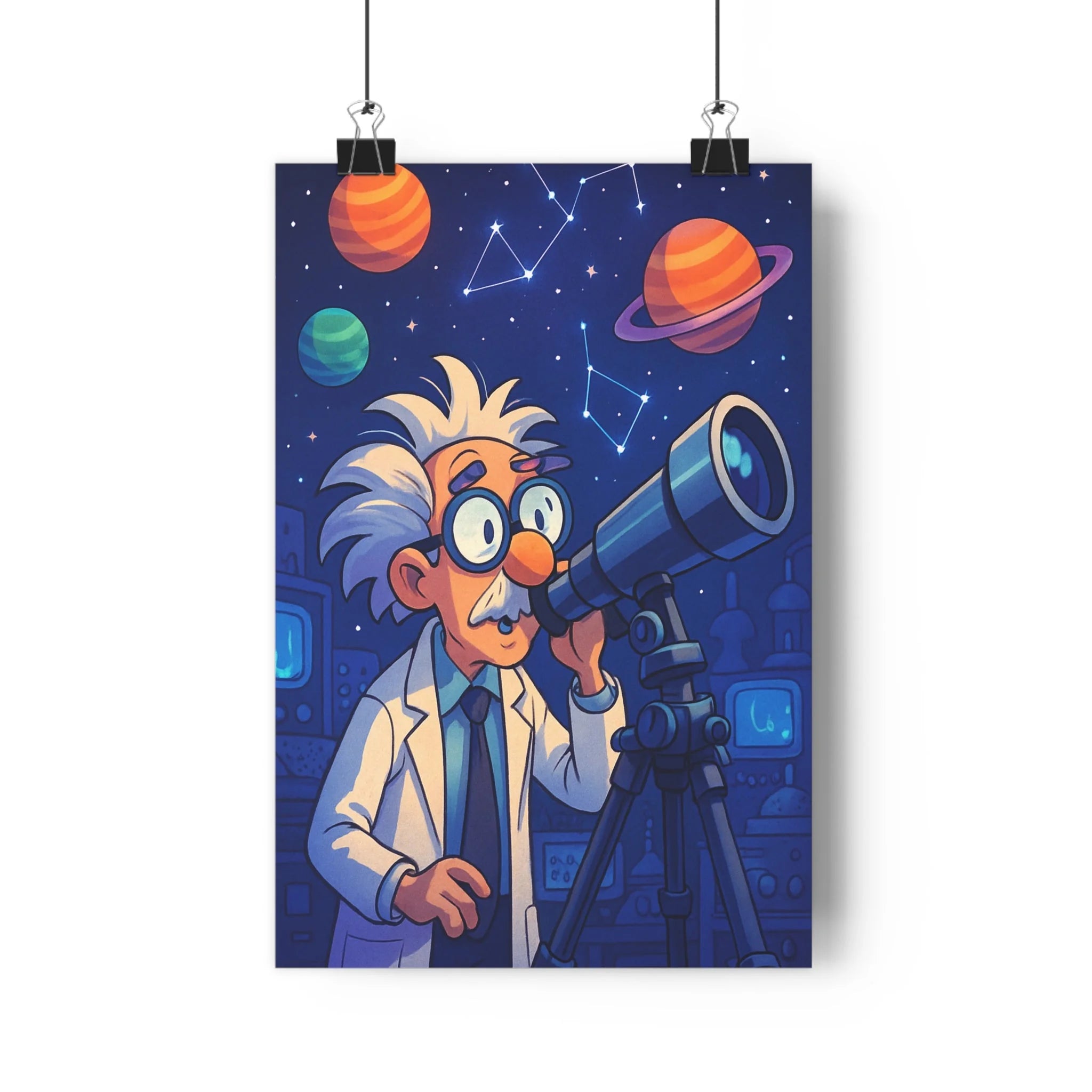 Poster décoratif cartoon scientifique céleste bleu orange vert salon chambre aventure constellations futuriste cosmique