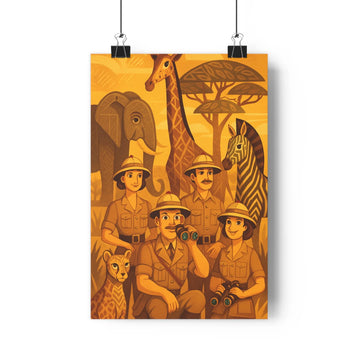 Poster safari exploration animaux savane girafe éléphant zèbre guépard vintage chaleureux naturel salon chambre