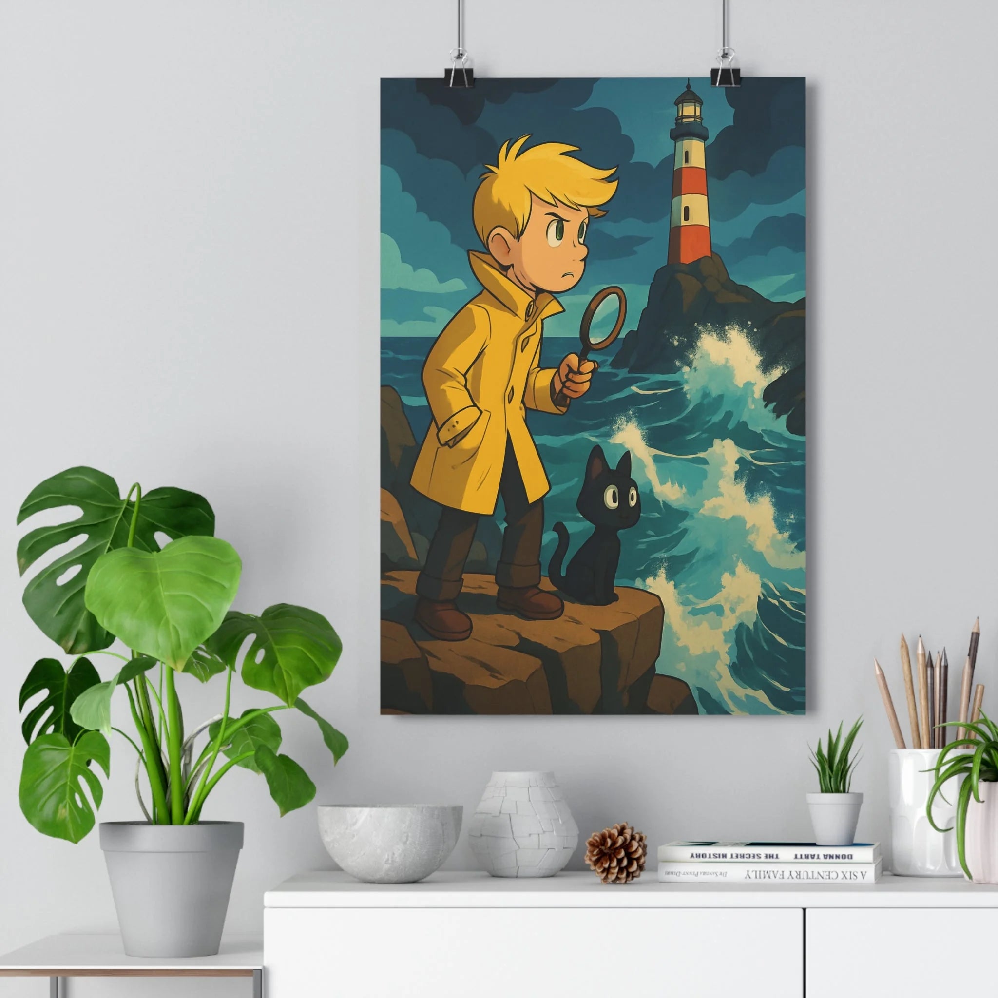 Poster décoratif animé jaune bleu gris mystérieux aventure enfant chambre détective chat phare falaise