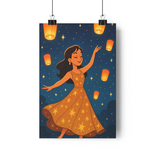 Poster danseuse étoilée lanternes fleurs motifs plantes livre mur bleu marron orange joyeuse festive libératrice chambre salon