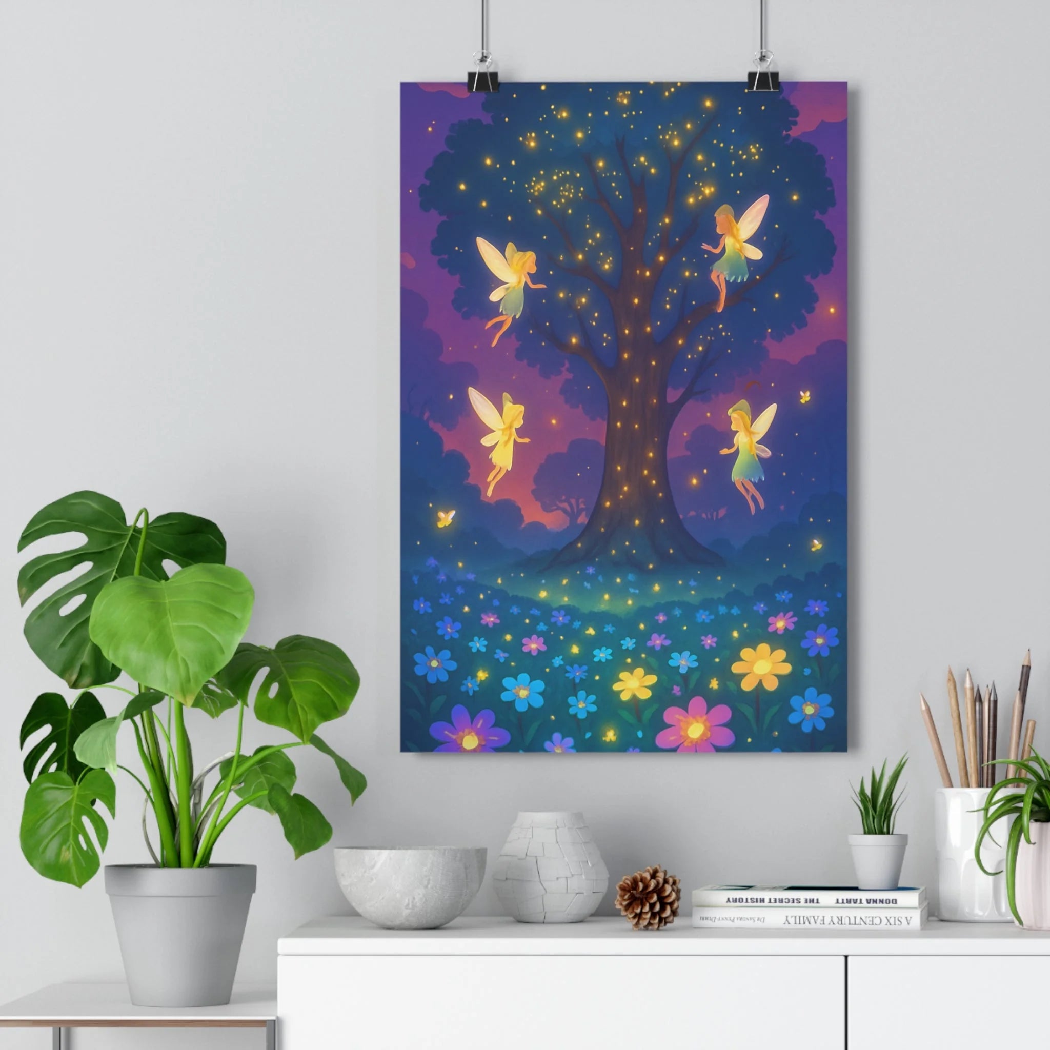 Poster décoratif clairière mystique crépuscule violet rose fées arbre magique anime enchanté chambre salon