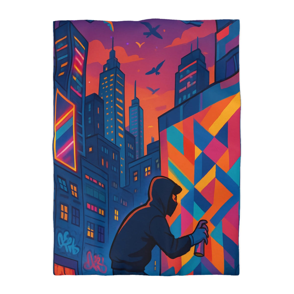 Housse de couette urbaine multicolore graffiti avec gratte-ciel et ciel crépusculaire