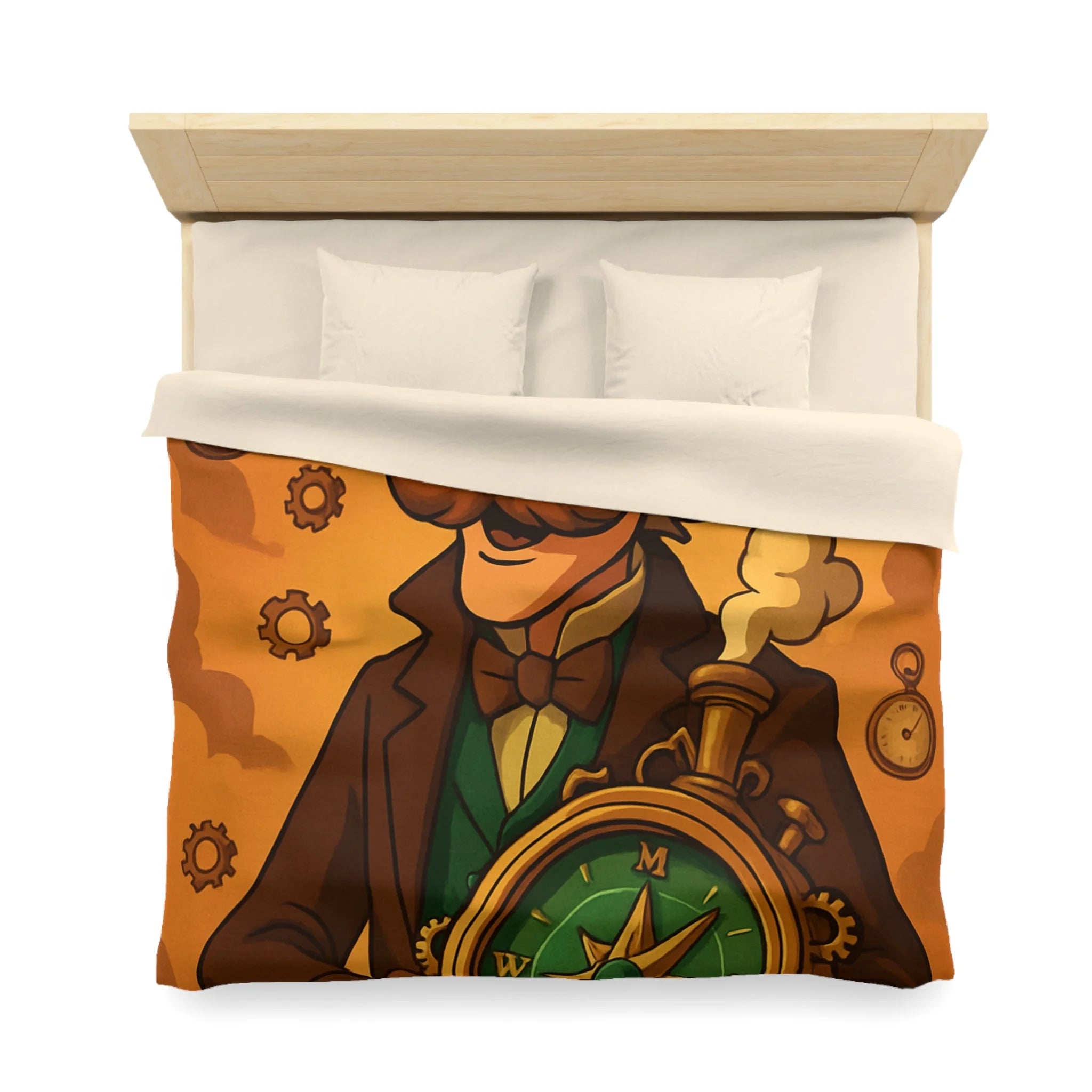 Housse de Couette Steampunk Vintage avec Boussole, Savant et Montgolfières sur Fond Sépia