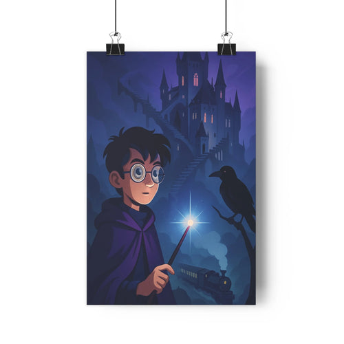 Poster sorcier cape baguette magique corbeau cheminée fumante château tours pointues lumières rouges ciel nuit bleu noir ambiance fantastique aventure