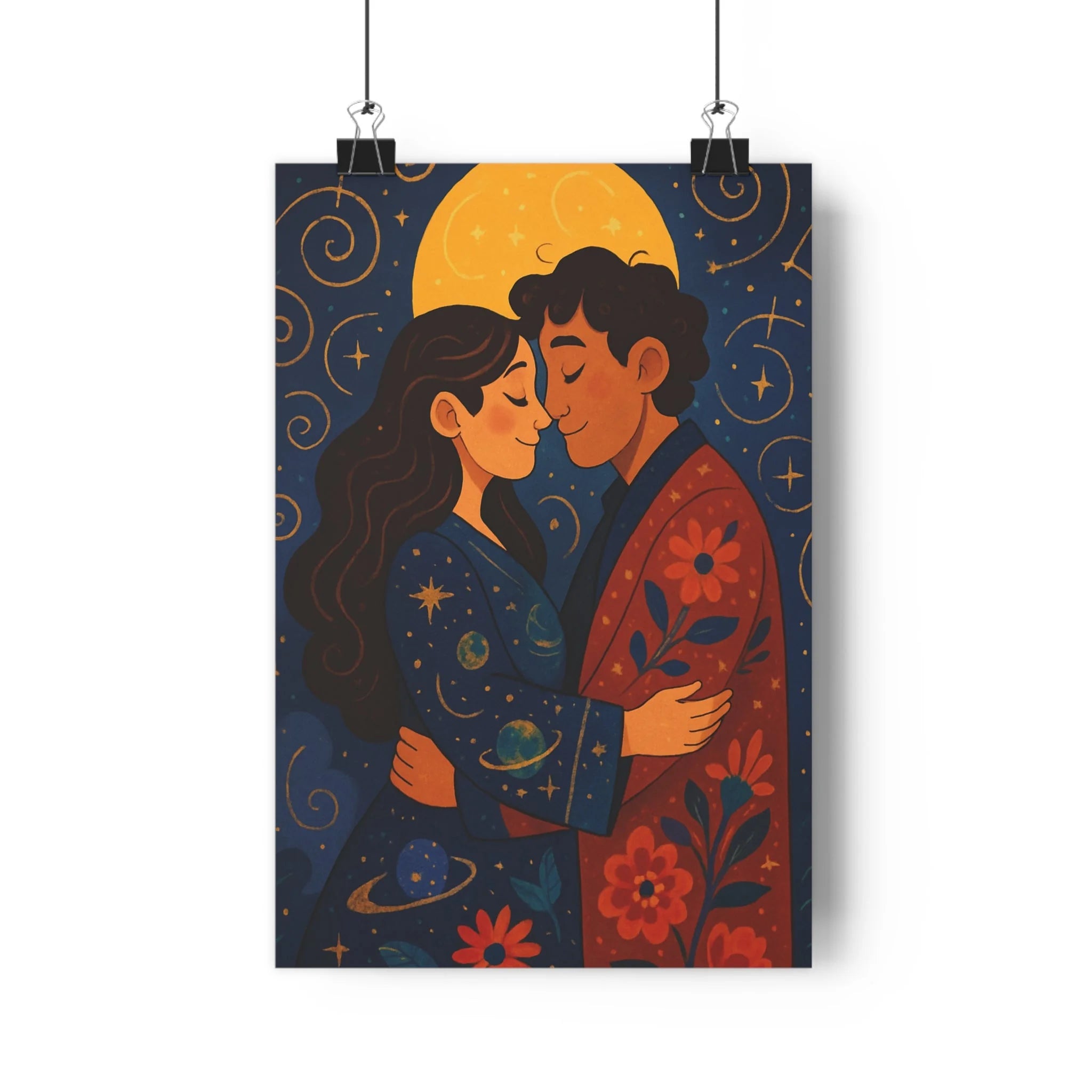 Poster décoratif mystique lune doré bleu rouge chambre salon romantique chaleureux poétique rêveur tendre