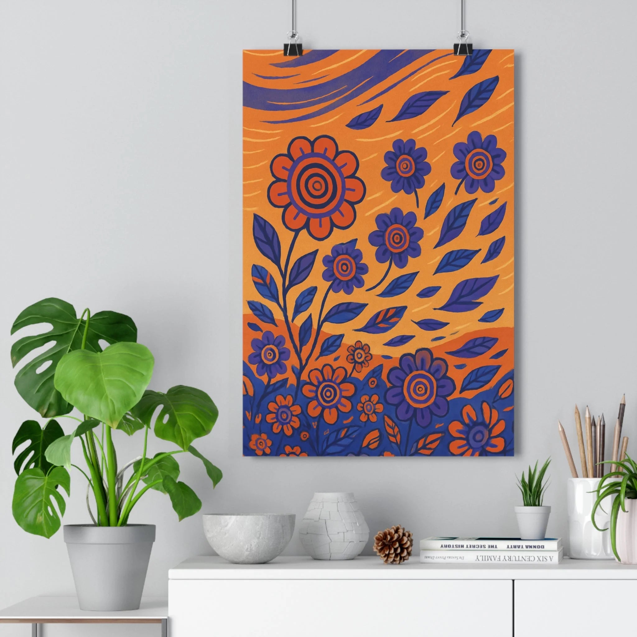 Poster décoratif nature dynamique fleurs orange violet cartoon joyeux salon chambre moderne vibrant élégant