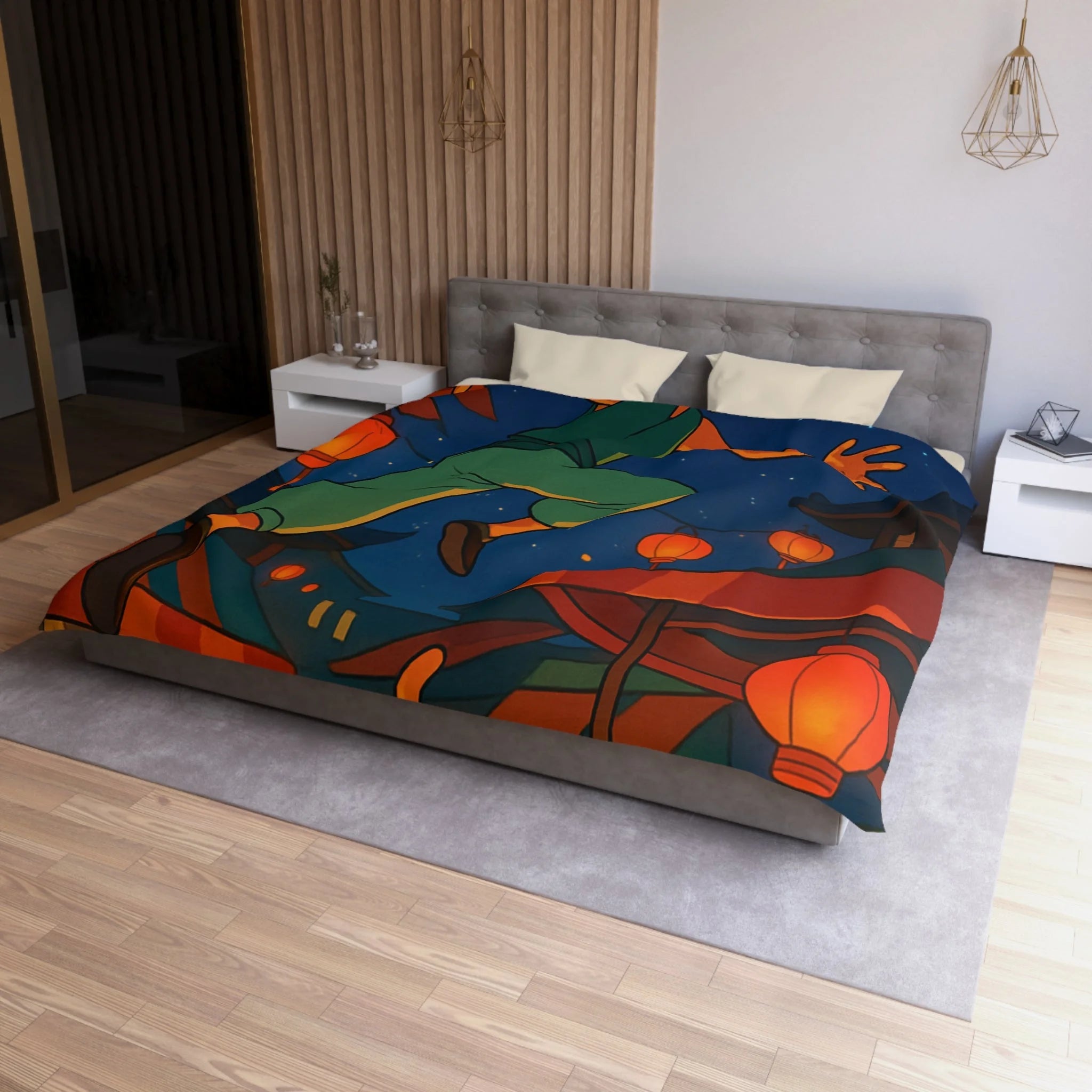Housse de couette vibrante inspirée d'une scène de marché asiatique nocturne étoilé