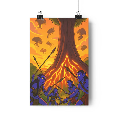 Poster elfes javelots racine arbre couleurs chaudes nuages champignons feuilles verte ambiance fantastique magique naturelle salon chambre