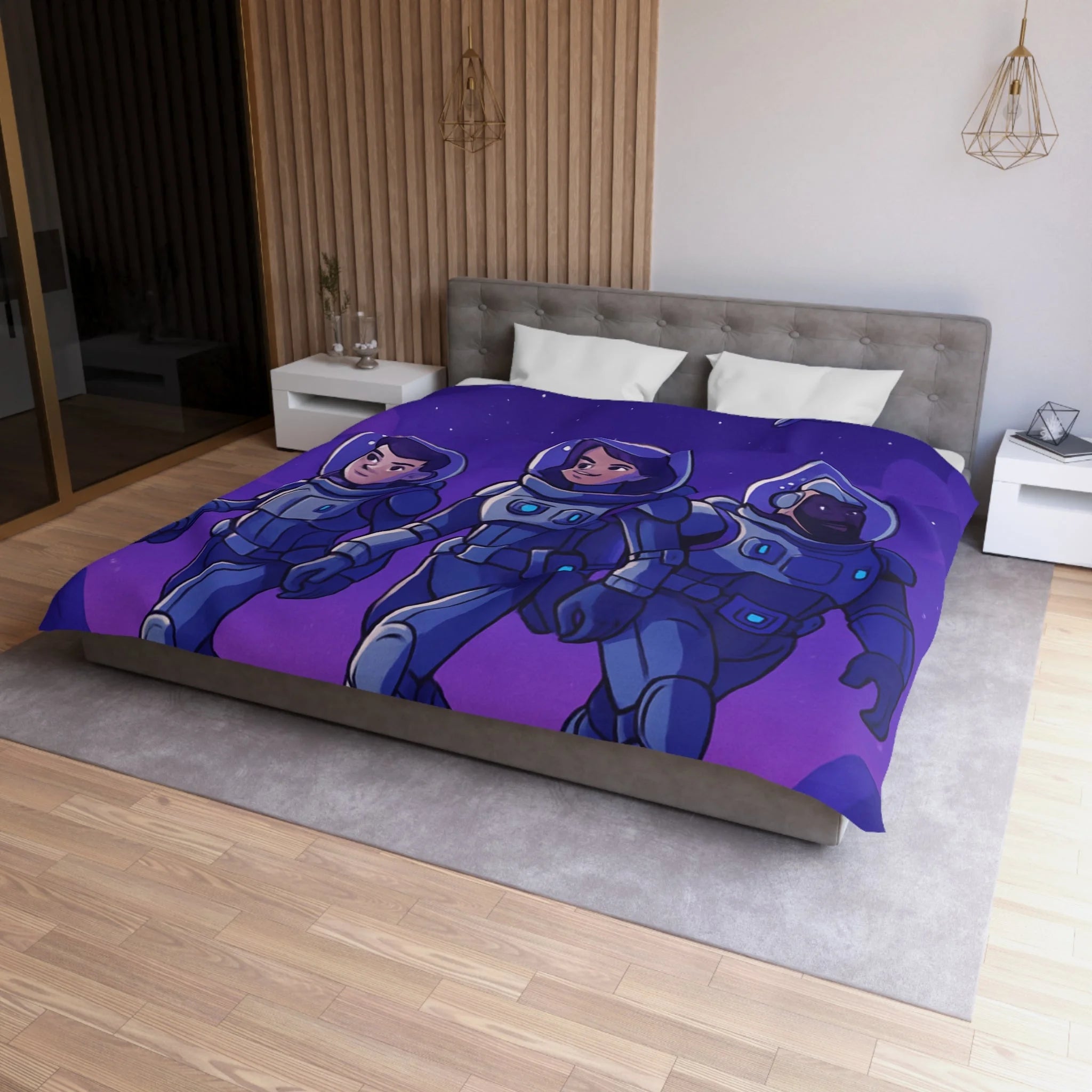 Housse de Couette Spatiale avec Astronautes, Vaisseaux et Étoiles sur Fond Violet