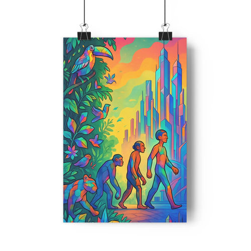 Poster évolution humaine forêt verte ville future couleurs vives style vibrant contours nets ambiance joyeuse salon bureau transition nature urbanisation
