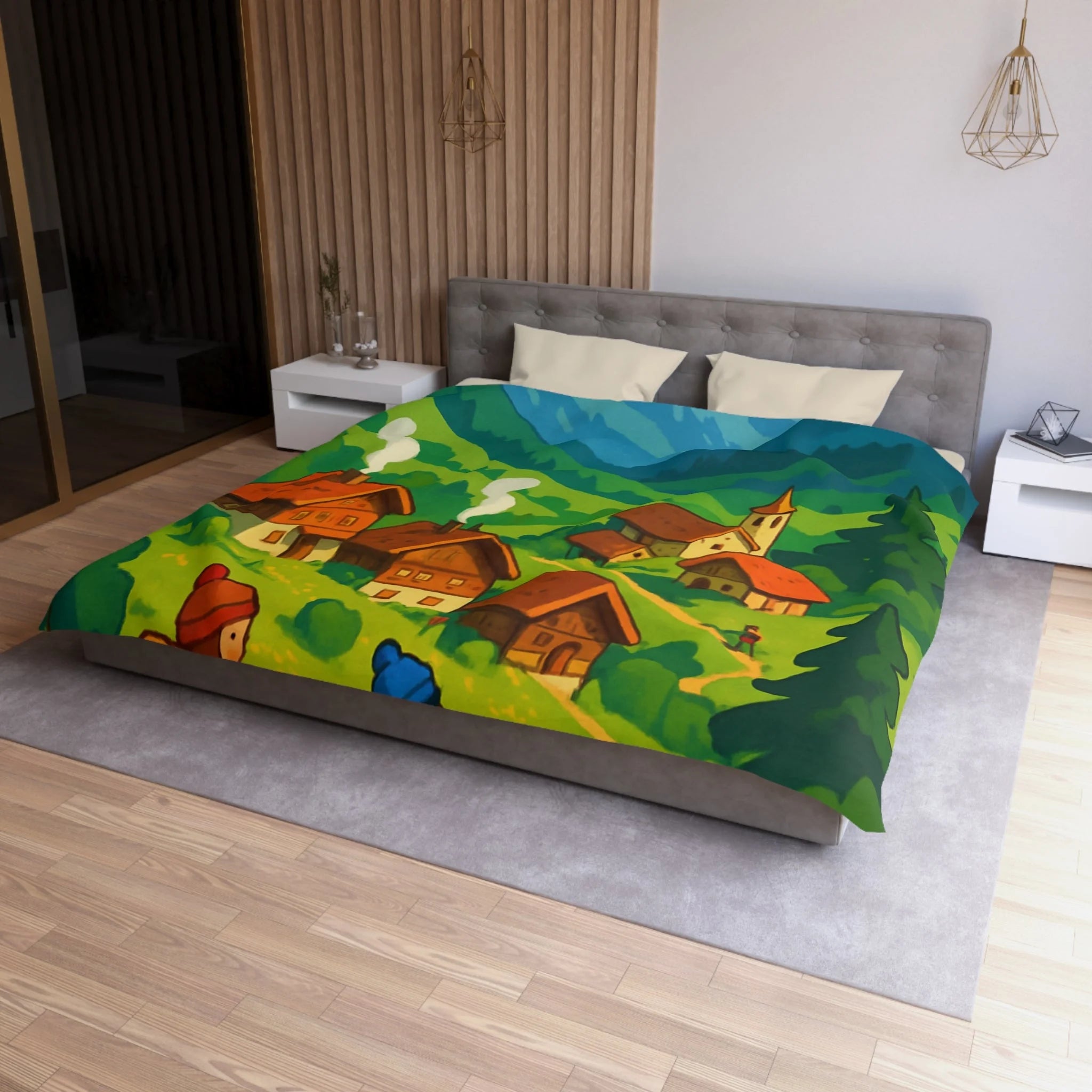 Housse de Couette Montagne avec Aventureurs, Chalets et Paysage Montagnard Enneigé
