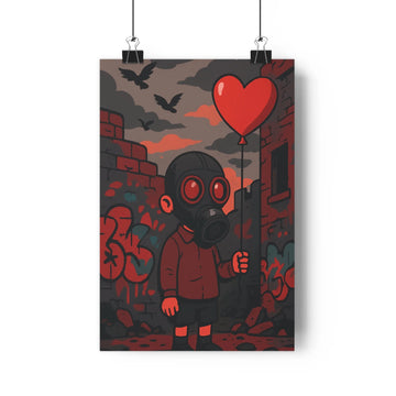 Poster enfant masque gaz ballon coeur ruines buildings oiseaux noirs ciel rose gris cartoon triste ambiance sombre dramatique salon chambre