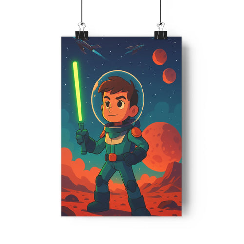 Poster enfant astronaute espace ciel étoilé planètes rochers lumière verte bleu rouge ambiance fantastique cartoon chambre décoration