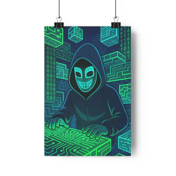 Poster masqué capuche clavier codes binaires circuits électroniques bleu nuit vert technologie mystère modernité numérique chambre bureau