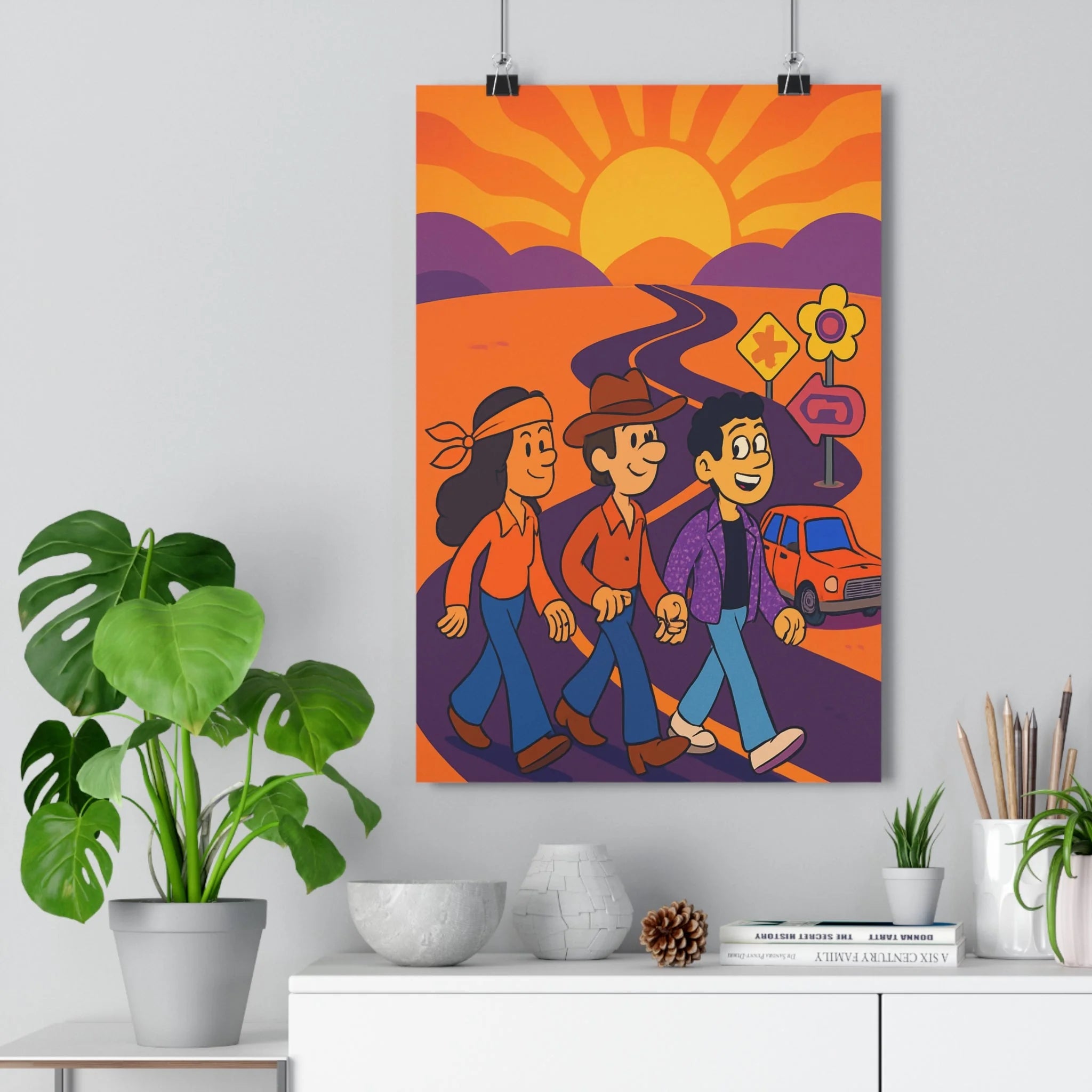 Poster décoratif rétro vintage rétro cartoon joyeux aventure salon chambre jaune orange violet nostalgique